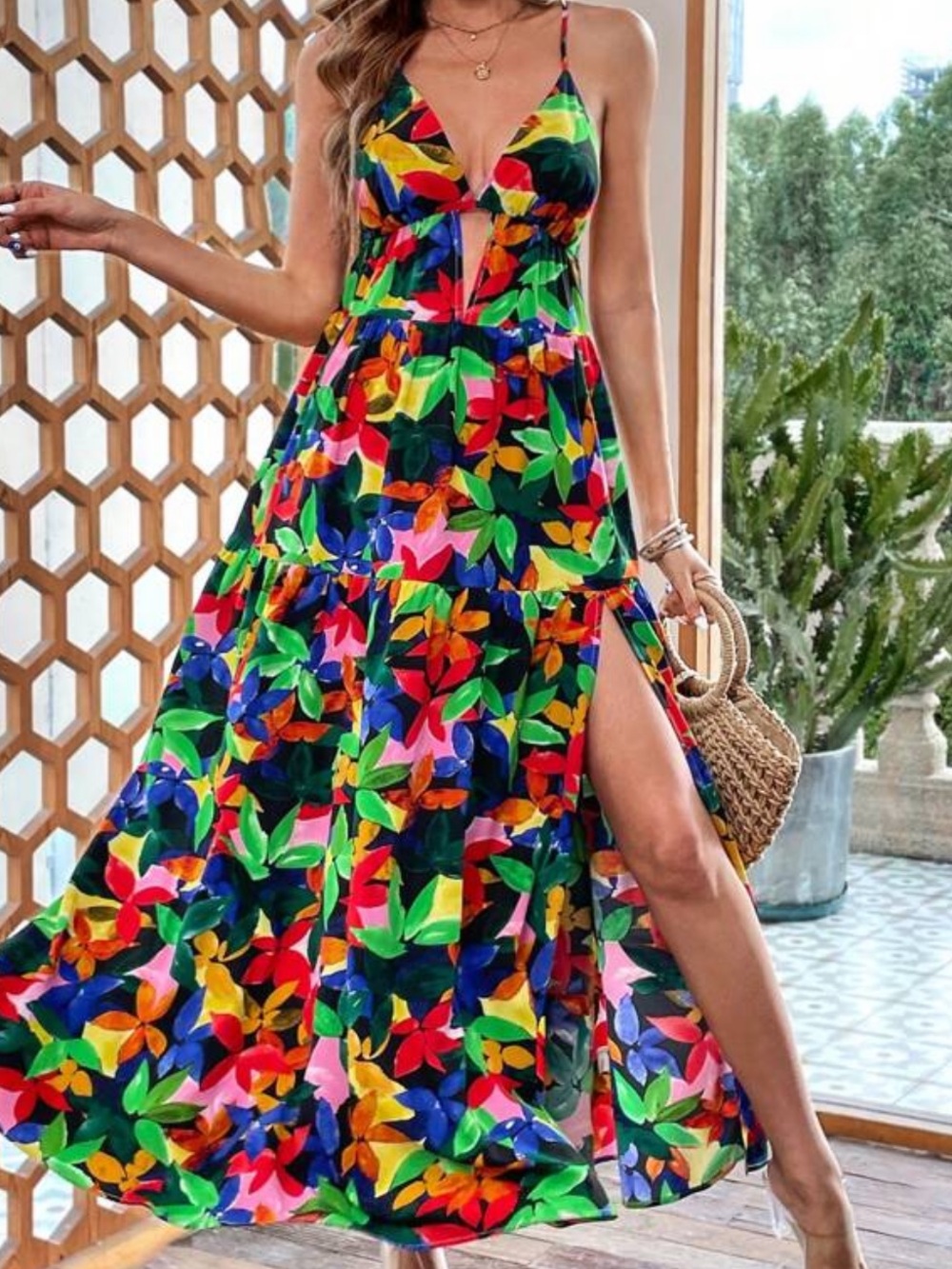 Vibrant Multi-Color Floral Boho Dress with Side Slit